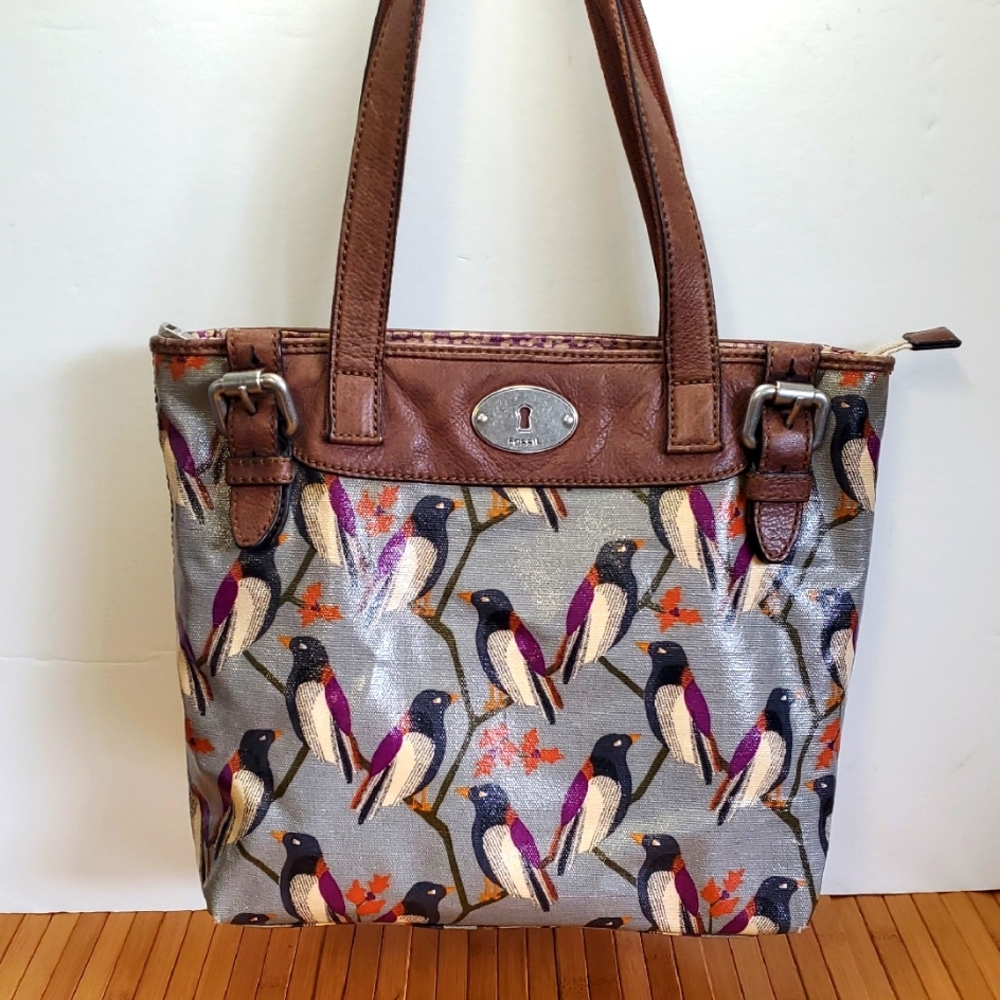 Fossil Key-Per Zip Close Coated Canvas Bird Print Hand Shoulder Bag
